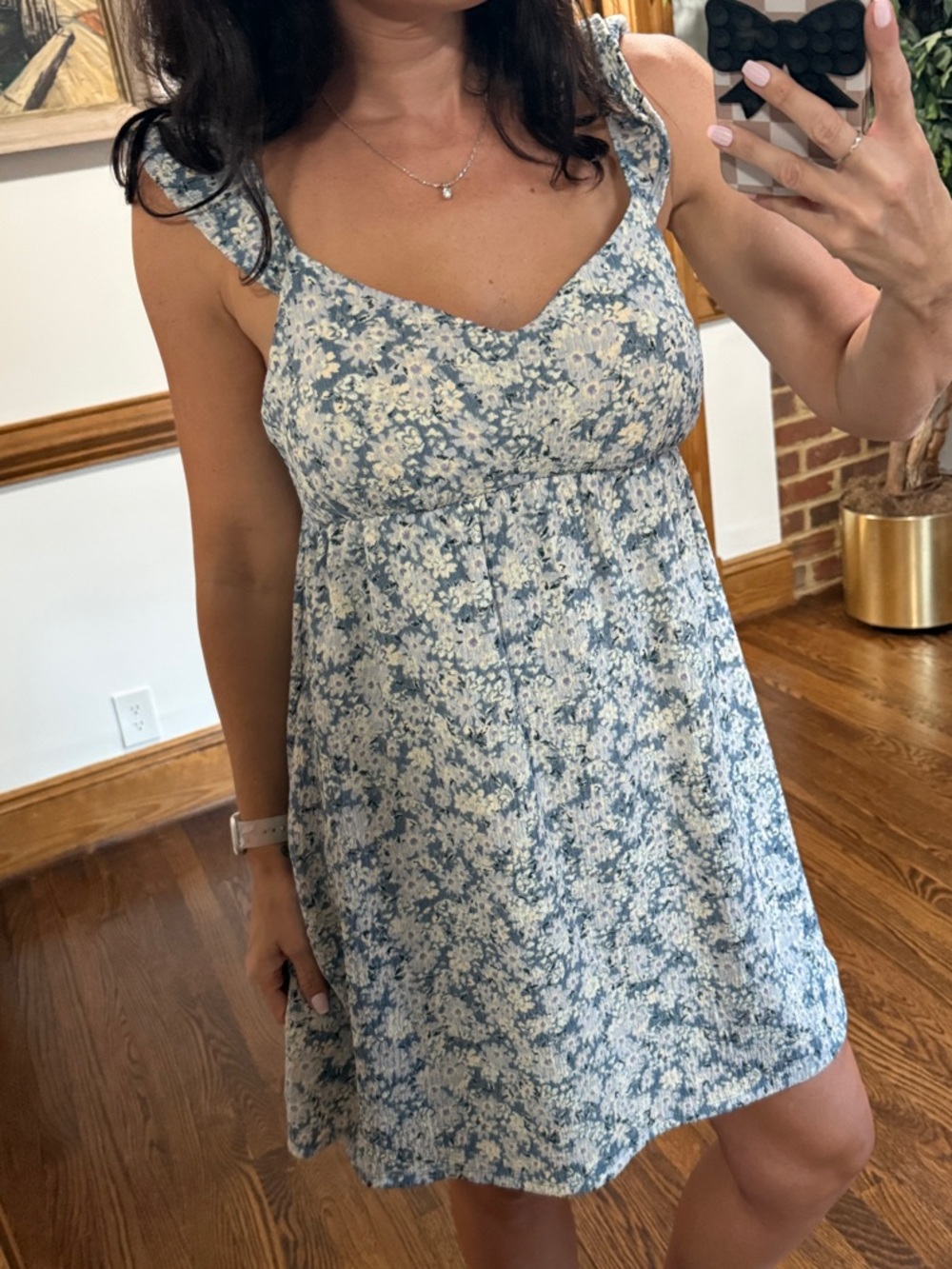 Eyeshadow Blue Floral Padded Mini Dress with Ruffle Straps - Tie back - Pockets